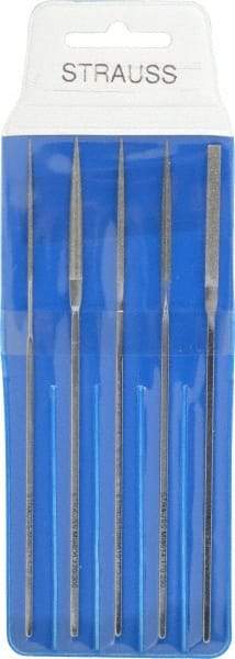 Strauss - 5 Piece Diamond Pattern File Set - 5-1/2" Long, Fine Coarseness, Square Handle, Set Includes Equalling, Half Round, Round, Square - Benchmark Tooling