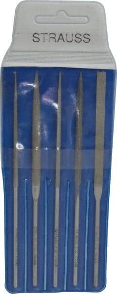 Strauss - 5 Piece Diamond Pattern File Set - 5-1/2" Long, Fine Coarseness, Round Handle, Set Includes Equalling, Half Round, Round, Square, Three Square - Benchmark Tooling