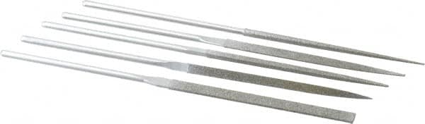 Strauss - 5 Piece Diamond Pattern File Set - 5-1/2" Long, Medium Coarseness, Round Handle, Set Includes Equalling, Half Round, Round, Square, Three Square - Benchmark Tooling