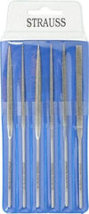 Strauss - 6 Piece Diamond Pattern File Set - 5-1/2" Long, Coarse Coarseness, Round Handle, Set Includes Crossing, Equalling, Half Round, Round, Square, Three Square - Benchmark Tooling