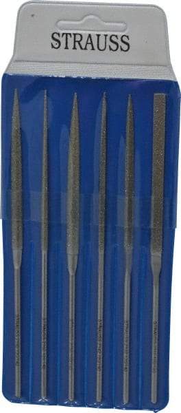 Strauss - 6 Piece Diamond Pattern File Set - 5-1/2" Long, Medium Coarseness, Round Handle, Set Includes Crossing, Equalling, Half Round, Round, Square, Three Square - Benchmark Tooling