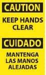 NMC - Accident Prevention Label, Header: CAUTION - Legend: Caution - Keep Hands Clear, English & Spanish, Black & Yellow, 3" Long x 5" High, Sign Muscle Finish - Benchmark Tooling