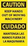 NMC - Accident Prevention Label, Header: CAUTION - Legend: Caution - Keep Hands Out of Moving Machinery, English & Spanish, Black & Yellow, 3" Long x 5" High, Sign Muscle Finish - Benchmark Tooling