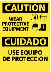 NMC - "Caution - Wear Protective Equipment", 14" Long x 10" Wide, Pressure-Sensitive Vinyl Safety Sign - Rectangle, 0.004" Thick, Use for Accident Prevention - Benchmark Tooling