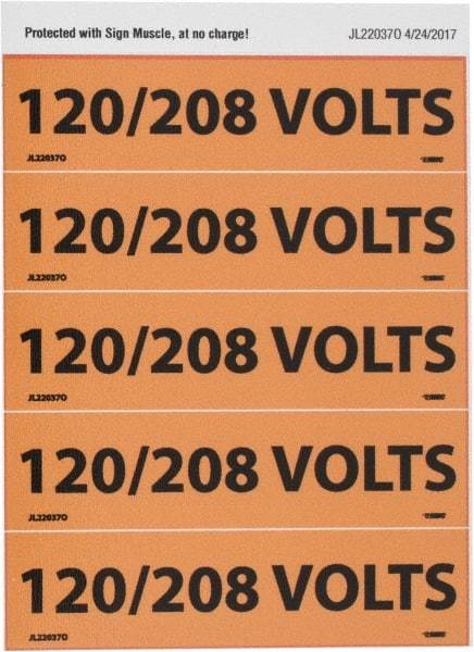 NMC - Electrical Markers Label - Legend: 120/208 Volts, English, Black & Orange, 4-1/2" Long x 1-1/8" High, Sign Muscle Finish - Benchmark Tooling