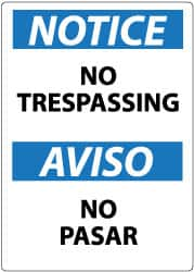 NMC - "Notice - No Trespassing", 14" Long x 10" Wide, Aluminum Safety Sign - Rectangle, 0.04" Thick, Use for Security & Admittance - Benchmark Tooling