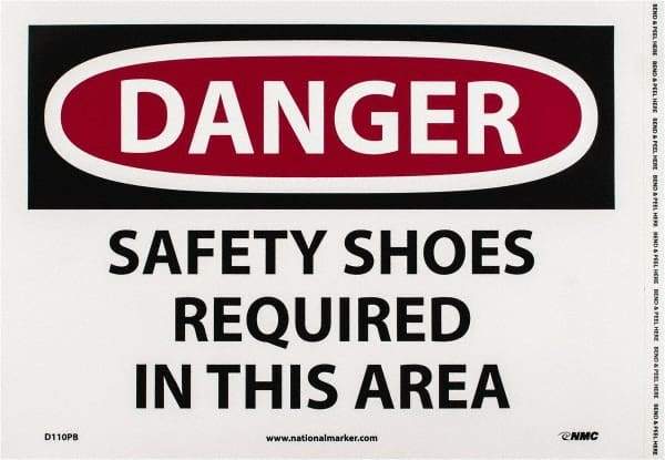 NMC - "Danger - Safety Shoes Required in This Area", 10" Long x 14" Wide, Pressure-Sensitive Vinyl Safety Sign - Rectangle, 0.004" Thick, Use for Accident Prevention - Benchmark Tooling