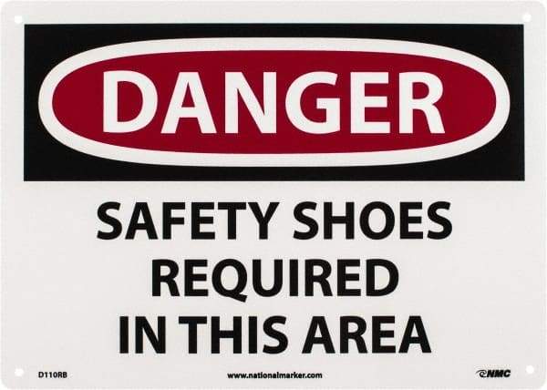 NMC - "Danger - Safety Shoes Required in This Area", 10" Long x 14" Wide, Rigid Plastic Safety Sign - Rectangle, 0.05" Thick, Use for Accident Prevention - Benchmark Tooling