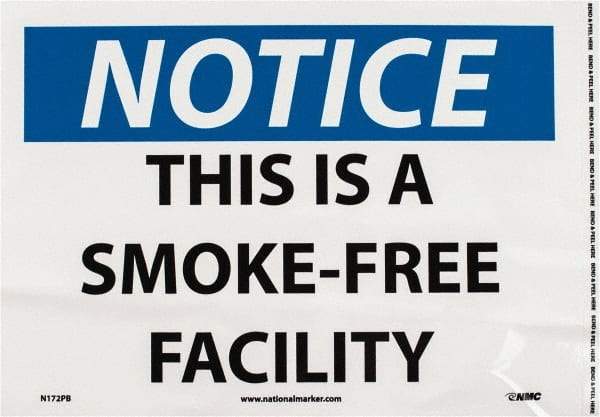 NMC - "Notice - This Is a Smoke-Free Facility", 10" Long x 14" Wide, Pressure-Sensitive Vinyl Safety Sign - Rectangle, 0.004" Thick, Use for Accident Prevention - Benchmark Tooling