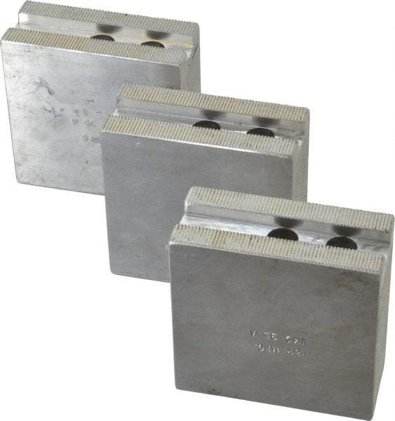 H & R Manufacturing - 8" Chuck Capacity, 1.5mm x 60° Serrated Attachment, Square Soft Lathe Chuck Jaw - 3 Jaws, Aluminum, 1" Btw Mount Hole Ctrs, 3-1/2" Long x 1-1/2" Wide x 3-1/2" High, 0.551" Groove, 12mm Fastener - Benchmark Tooling