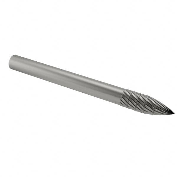 SGS Pro - 1/8" Cut Diam, 1/8" Shank Diam, Tree Head Double Cut Burr - Carbide, Point End, 5/16" LOC - Benchmark Tooling