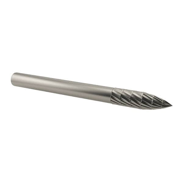 SGS Pro - 1/8" Cut Diam, 1/8" Shank Diam, Tree Head Double Cut Burr - Carbide, Point End, 3/8" LOC, 1-1/2" OAL - Benchmark Tooling