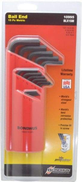 Bondhus - 15 Piece L-Key Ball End Hex Key Set - Hex Range 1.27 to 10mm - Benchmark Tooling