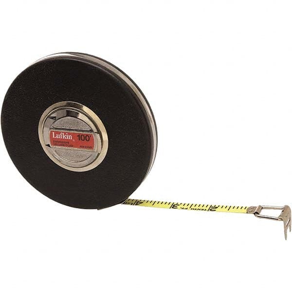 Lufkin - 100' x 3/8" Yellow Steel Blade Tape Measure - 1/10" Graduation, Black Steel Case - Benchmark Tooling