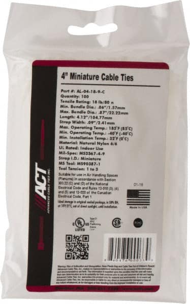 Made in USA - 4-1/8" Long Natural (Color) Nylon Standard Cable Tie - 18 Lb Tensile Strength, 1.07mm Thick, 22.23mm Max Bundle Diam - Benchmark Tooling