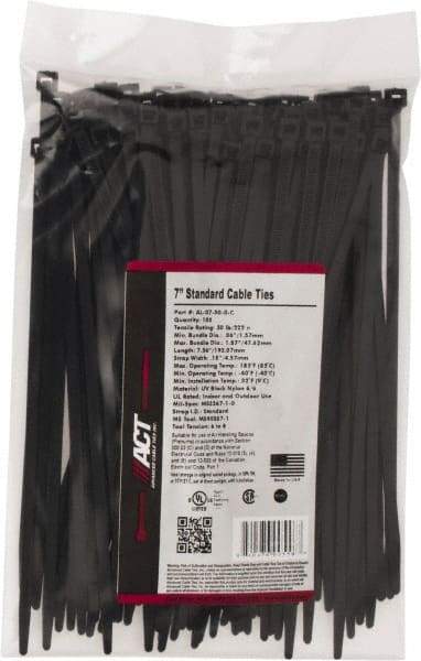 Made in USA - 7.562" Long Black Nylon Standard Cable Tie - 50 Lb Tensile Strength, 1.32mm Thick, 47.63mm Max Bundle Diam - Benchmark Tooling