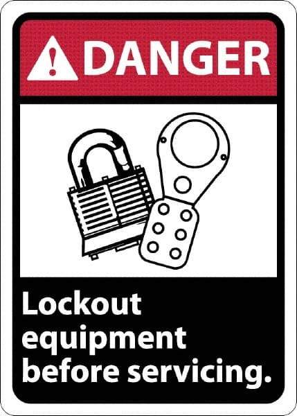 NMC - "Danger - Lock Out Equipment Before Servicing", 10" Long x 7" Wide, Rigid Plastic Safety Sign - Rectangle, 0.05" Thick, Use for Accident Prevention - Benchmark Tooling