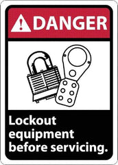 NMC - "Danger - Lock Out Equipment Before Servicing", 10" Long x 7" Wide, Rigid Plastic Safety Sign - Rectangle, 0.05" Thick, Use for Accident Prevention - Benchmark Tooling