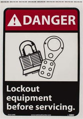 NMC - "Danger - Lock Out Equipment Before Servicing", 14" Long x 10" Wide, Pressure-Sensitive Vinyl Safety Sign - Rectangle, 0.004" Thick, Use for Accident Prevention - Benchmark Tooling