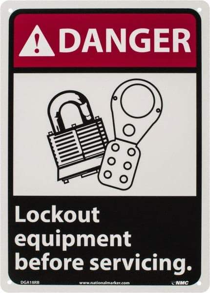 NMC - "Danger - Lock Out Equipment Before Servicing", 14" Long x 10" Wide, Rigid Plastic Safety Sign - Rectangle, 0.05" Thick, Use for Accident Prevention - Benchmark Tooling