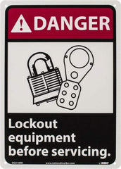 NMC - "Danger - Lock Out Equipment Before Servicing", 14" Long x 10" Wide, Rigid Plastic Safety Sign - Rectangle, 0.05" Thick, Use for Accident Prevention - Benchmark Tooling