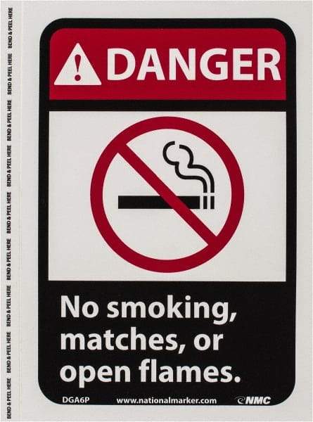 NMC - "Danger - No Smoking, Matches or Open Flames", 10" Long x 7" Wide, Pressure-Sensitive Vinyl Safety Sign - Rectangle, 0.004" Thick, Use for Accident Prevention - Benchmark Tooling