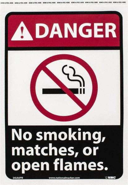 NMC - "Danger - No Smoking, Matches or Open Flames", 14" Long x 10" Wide, Pressure-Sensitive Vinyl Safety Sign - Rectangle, 0.004" Thick, Use for Accident Prevention - Benchmark Tooling