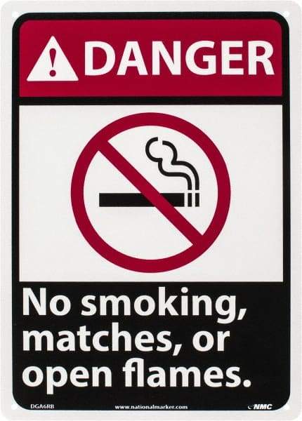 NMC - "Danger - No Smoking, Matches or Open Flames", 14" Long x 10" Wide, Rigid Plastic Safety Sign - Rectangle, 0.05" Thick, Use for Accident Prevention - Benchmark Tooling