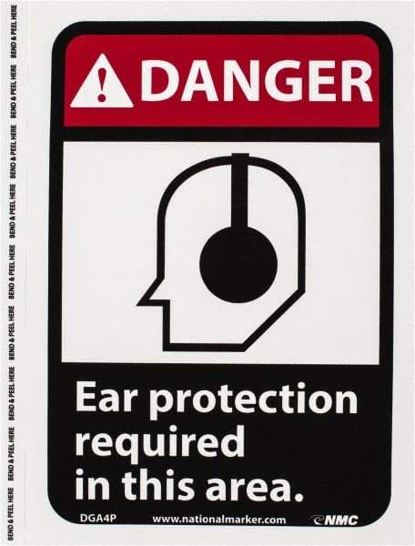 NMC - "Danger - Ear Protection Required in This Area", 10" Long x 7" Wide, Pressure-Sensitive Vinyl Safety Sign - Rectangle, 0.004" Thick, Use for Accident Prevention - Benchmark Tooling