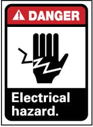 NMC - "Danger - Electrical Hazard", 14" Long x 10" Wide, Pressure-Sensitive Vinyl Safety Sign - Rectangle, 0.004" Thick, Use for Accident Prevention - Benchmark Tooling