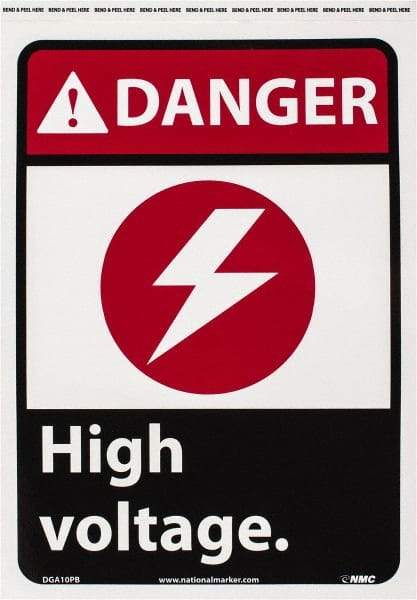 NMC - "Danger - High Voltage", 14" Long x 10" Wide, Pressure-Sensitive Vinyl Safety Sign - Rectangle, 0.004" Thick, Use for Accident Prevention - Benchmark Tooling