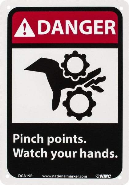 NMC - "Danger - Pinch Points - Watch Your Hands", 10" Long x 7" Wide, Rigid Plastic Safety Sign - Rectangle, 0.05" Thick, Use for Accident Prevention - Benchmark Tooling