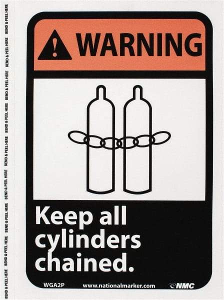 NMC - "Warning - Keep All Cylinders Chained", 10" Long x 7" Wide, Pressure-Sensitive Vinyl Safety Sign - Rectangle, 0.004" Thick, Use for Accident Prevention - Benchmark Tooling