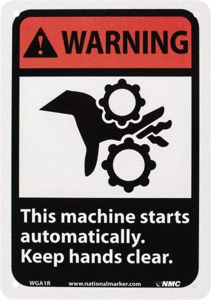 NMC - "Warning - This Machine Starts Automatically - Keep Hands Clear", 10" Long x 7" Wide, Rigid Plastic Safety Sign - Rectangle, 0.05" Thick, Use for Accident Prevention - Benchmark Tooling