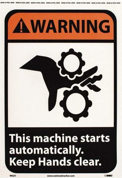 NMC - "Warning - This Machine Starts Automatically - Keep Hands Clear", 14" Long x 10" Wide, Pressure-Sensitive Vinyl Safety Sign - Rectangle, 0.004" Thick, Use for Accident Prevention - Benchmark Tooling