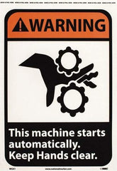 NMC - "Warning - This Machine Starts Automatically - Keep Hands Clear", 14" Long x 10" Wide, Pressure-Sensitive Vinyl Safety Sign - Rectangle, 0.004" Thick, Use for Accident Prevention - Benchmark Tooling