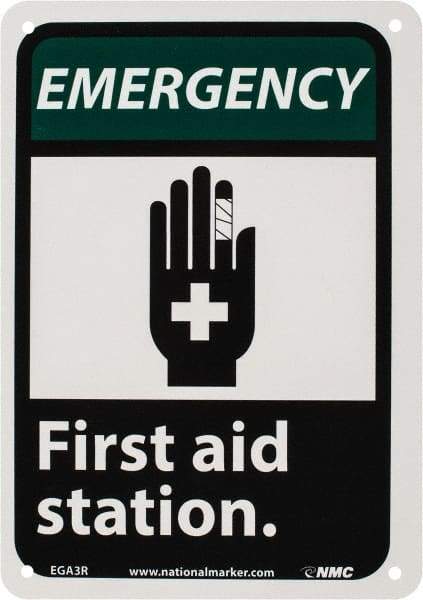 NMC - "Emergency - First Aid Station", 10" Long x 7" Wide, Rigid Plastic Safety Sign - Rectangle, 0.05" Thick, Use for First Aid - Benchmark Tooling