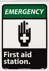 NMC - "Emergency - First Aid Station", 14" Long x 10" Wide, Pressure-Sensitive Vinyl Safety Sign - Rectangle, 0.004" Thick, Use for First Aid - Benchmark Tooling