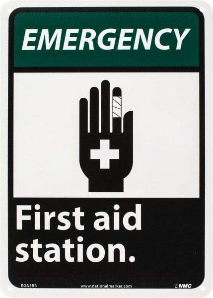 NMC - "Emergency - First Aid Station", 14" Long x 10" Wide, Rigid Plastic Safety Sign - Rectangle, 0.05" Thick, Use for First Aid - Benchmark Tooling