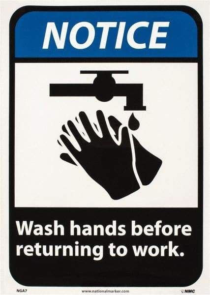 NMC - "Notice - Wash Hands Before Returning to Work", 14" Long x 10" Wide, Pressure-Sensitive Vinyl Safety Sign - Rectangle, 0.004" Thick, Use for Restroom, Janitorial & Housekeeping - Benchmark Tooling