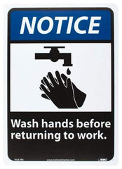 NMC - "Notice - Wash Hands Before Returning to Work", 14" Long x 10" Wide, Rigid Plastic Safety Sign - Rectangle, 0.05" Thick, Use for Restroom, Janitorial & Housekeeping - Benchmark Tooling