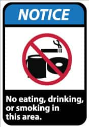 NMC - "Notice - No Eating, Drinking or Smoking in This Area", 10" Long x 7" Wide, Pressure-Sensitive Vinyl Safety Sign - Rectangle, 0.004" Thick, Use for Security & Admittance - Benchmark Tooling