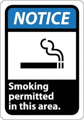 NMC - "Notice - Smoking Permitted in This Area", 10" Long x 7" Wide, Rigid Plastic Safety Sign - Rectangle, 0.05" Thick, Use for Security & Admittance - Benchmark Tooling