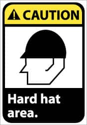 NMC - "Caution - Hard Hat Area", 14" Long x 10" Wide, Pressure-Sensitive Vinyl Safety Sign - Rectangle, 0.004" Thick, Use for Accident Prevention - Benchmark Tooling