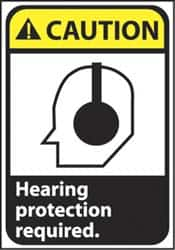 NMC - "Caution - Hearing Protection Required", 14" Long x 10" Wide, Pressure-Sensitive Vinyl Safety Sign - Rectangle, 0.004" Thick, Use for Accident Prevention - Benchmark Tooling