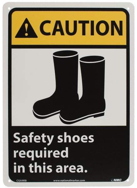 NMC - "Caution - Safety Shoes Required in This Area", 14" Long x 10" Wide, Rigid Plastic Safety Sign - Rectangle, 0.05" Thick, Use for Accident Prevention - Benchmark Tooling