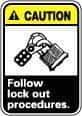 NMC - "Caution - Follow Lock-Out Procedures", 10" Long x 7" Wide, Pressure-Sensitive Vinyl Safety Sign - Rectangle, 0.004" Thick, Use for Accident Prevention - Benchmark Tooling