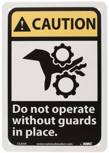 NMC - "Caution - Do Not Operate without Guards in Place", 10" Long x 7" Wide, Rigid Plastic Safety Sign - Rectangle, 0.05" Thick, Use for Accident Prevention - Benchmark Tooling