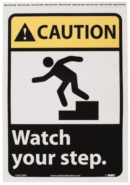 NMC - "Caution - Watch Your Step", 14" Long x 10" Wide, Pressure-Sensitive Vinyl Safety Sign - Rectangle, 0.004" Thick, Use for Accident Prevention - Benchmark Tooling