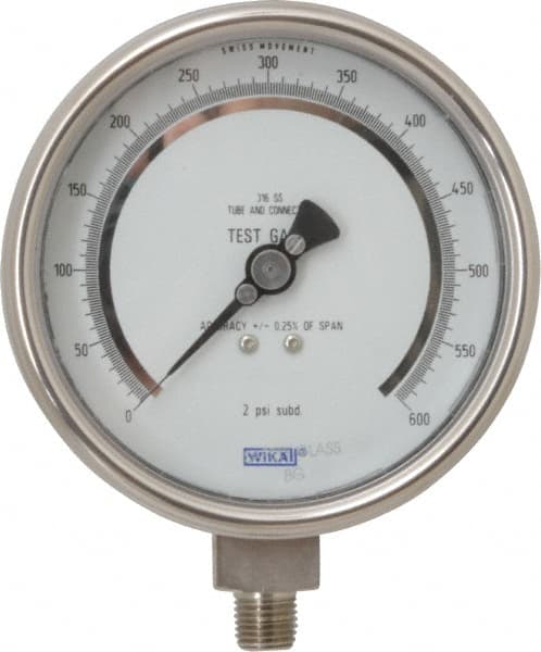 Wika - 4" Dial, 1/4 Thread, 0-600 Scale Range, Pressure Gauge - Lower Connection Mount, Accurate to 0.25% of Scale - Benchmark Tooling